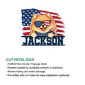 Patriotic Pomeranian cut metal sign shown with a product feature overview graphic
