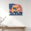 Patriotic Pomeranian wall sign displayed on a bright paneled wall above a console table