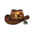 Cowboy hat shaped metal sign featuring running horses, desert mesas, sunset colors, leather tooling, and feather accents