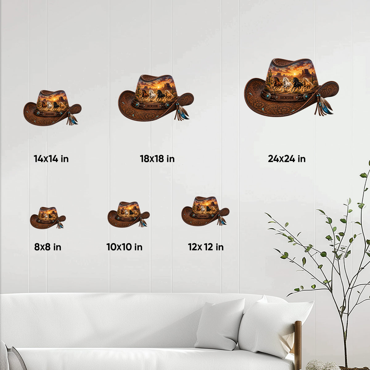 Cowboy hat metal sign size guide showing available 8x8, 10x10, 12x12, 14x14, 18x18, and 24x24 inch options