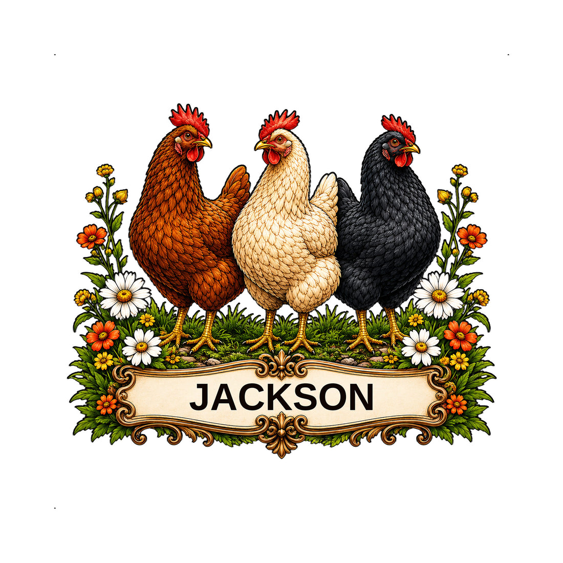 Decorative chicken metal sign featuring three colorful hens surrounded by wildflowers and ornate farmhouse styling