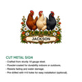 Chicken metal sign feature graphic showing the floral hen artwork with cut-steel sign details and installation information