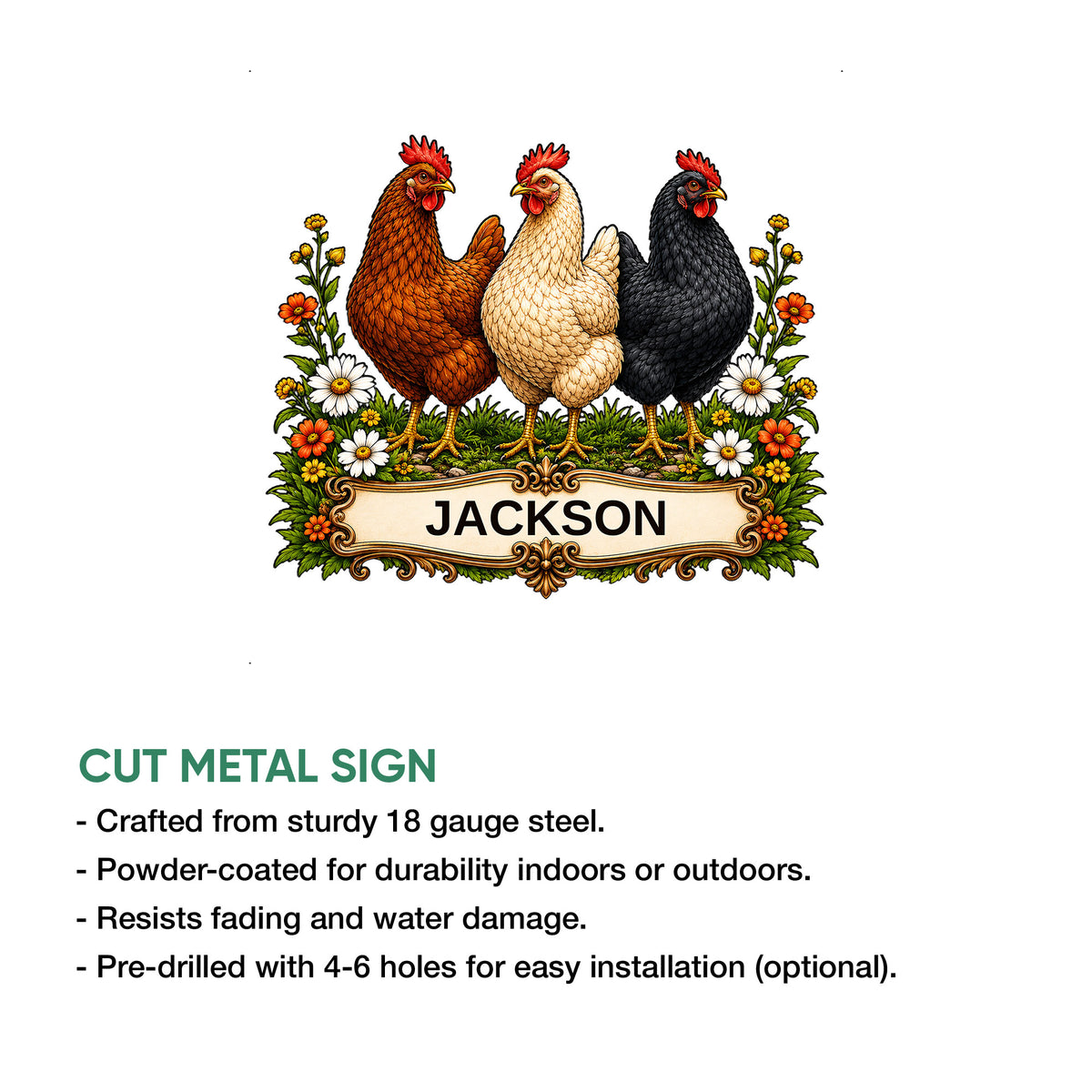 Chicken metal sign feature graphic showing the floral hen artwork with cut-steel sign details and installation information