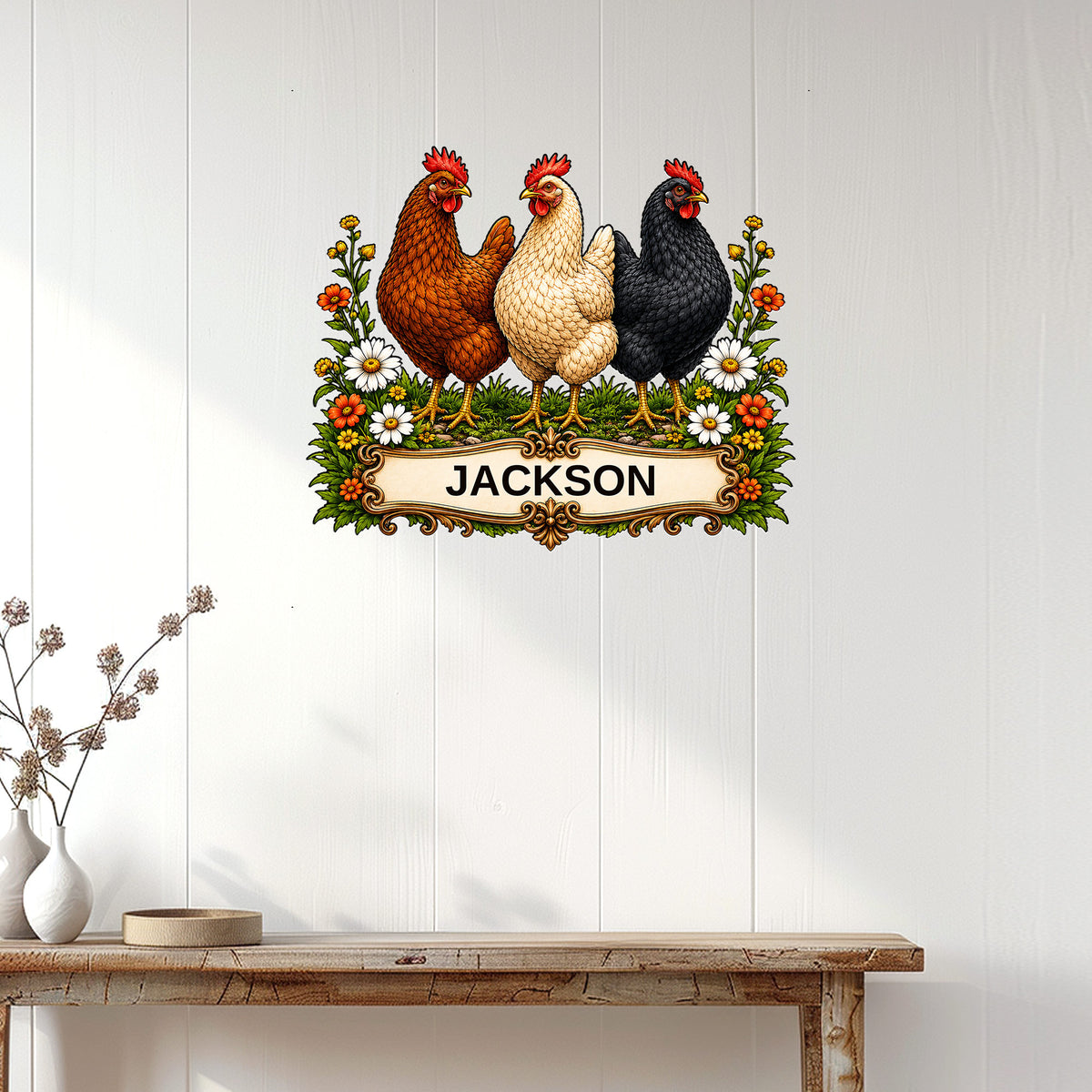 Chicken farmhouse wall sign displayed on white paneling above a rustic console table in a bright home interior