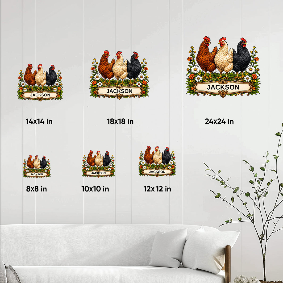 Chicken metal sign size guide showing six square options from 8 by 8 inches to 24 by 24 inches