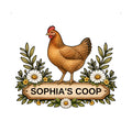 Custom chicken metal sign featuring a detailed hen, daisies, leafy branches, and a rustic wood-style plaque