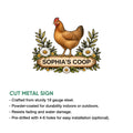 Chicken coop metal sign showcasing a hen surrounded by floral greenery in a rustic farmhouse design