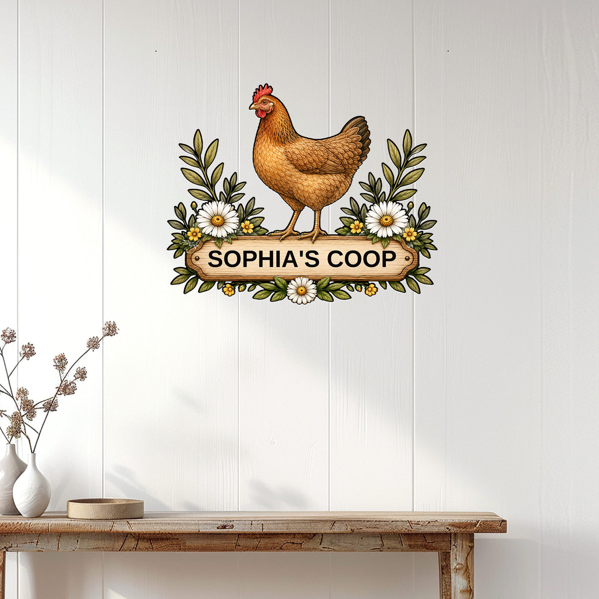 Farmhouse chicken coop wall sign displayed on a white paneled wall above a rustic console table