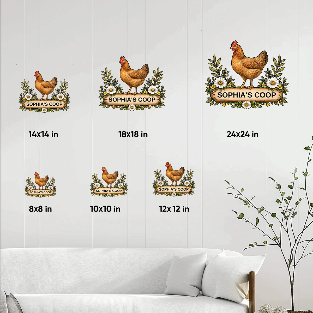Chicken metal sign size guide showing six available square sizes from 8 by 8 to 24 by 24 inches