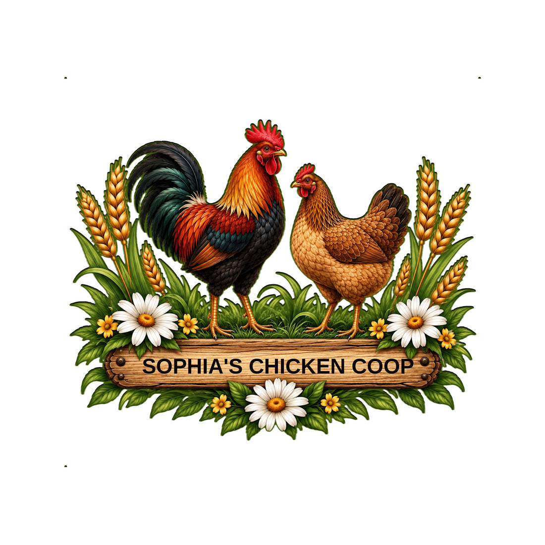Custom chicken coop metal sign with a rooster, hen, wheat, daisies, and rustic farmhouse artwork