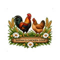 Custom chicken coop metal sign with a rooster, hen, wheat, daisies, and rustic farmhouse artwork