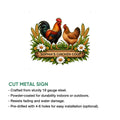 Chicken coop metal sign featuring colorful rooster and hen artwork framed by wheat, greenery, and flowers