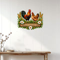 Farmhouse chicken coop wall sign displayed on white shiplap above a rustic console table
