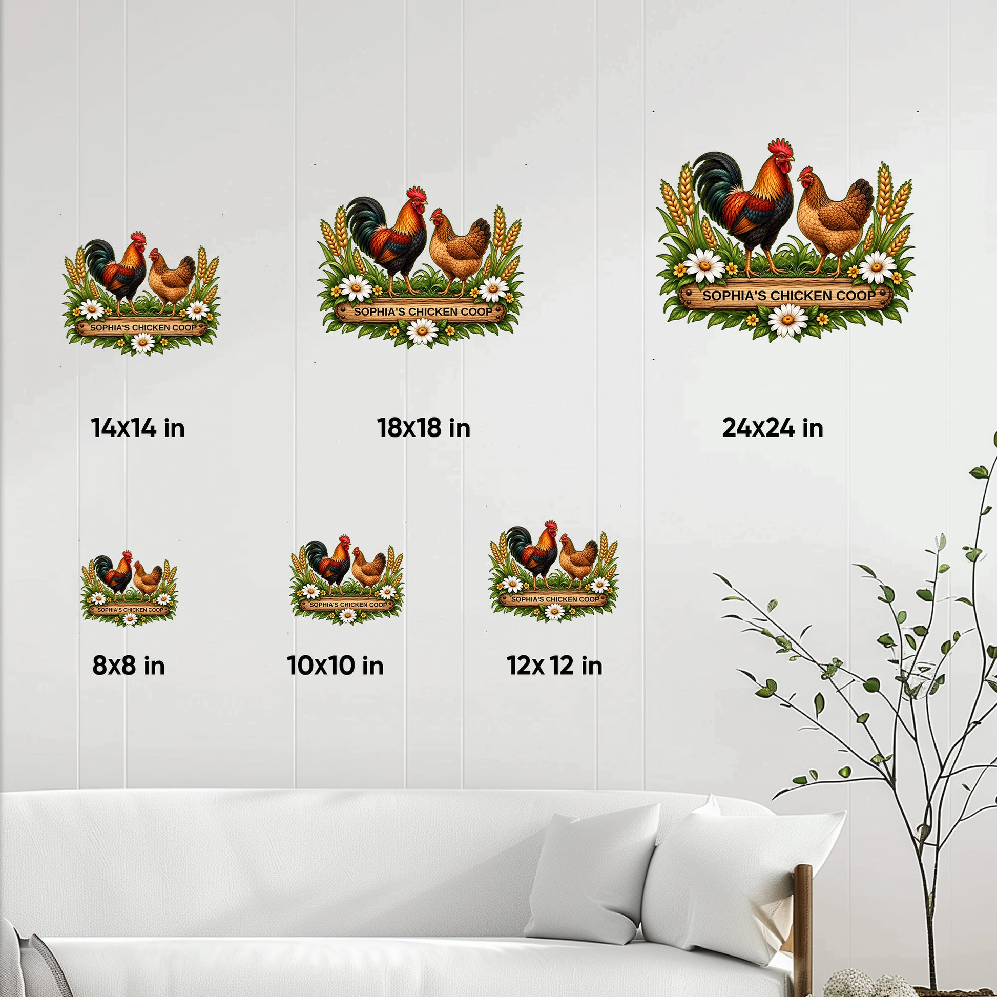 Chicken coop metal sign size guide showing available 8, 10, 12, 14, 18, and 24 inch options