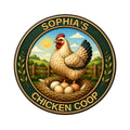 Round chicken coop metal sign featuring a hen nesting with eggs in a sunny rural farm scene