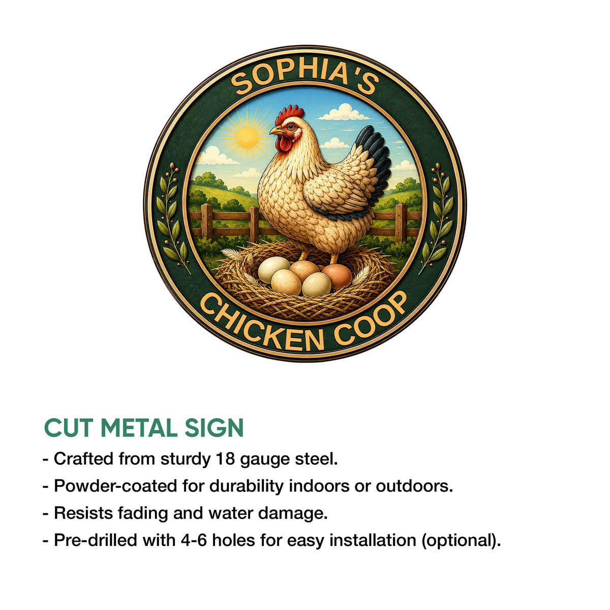 Chicken coop metal sign feature graphic showing the round hen and nest artwork