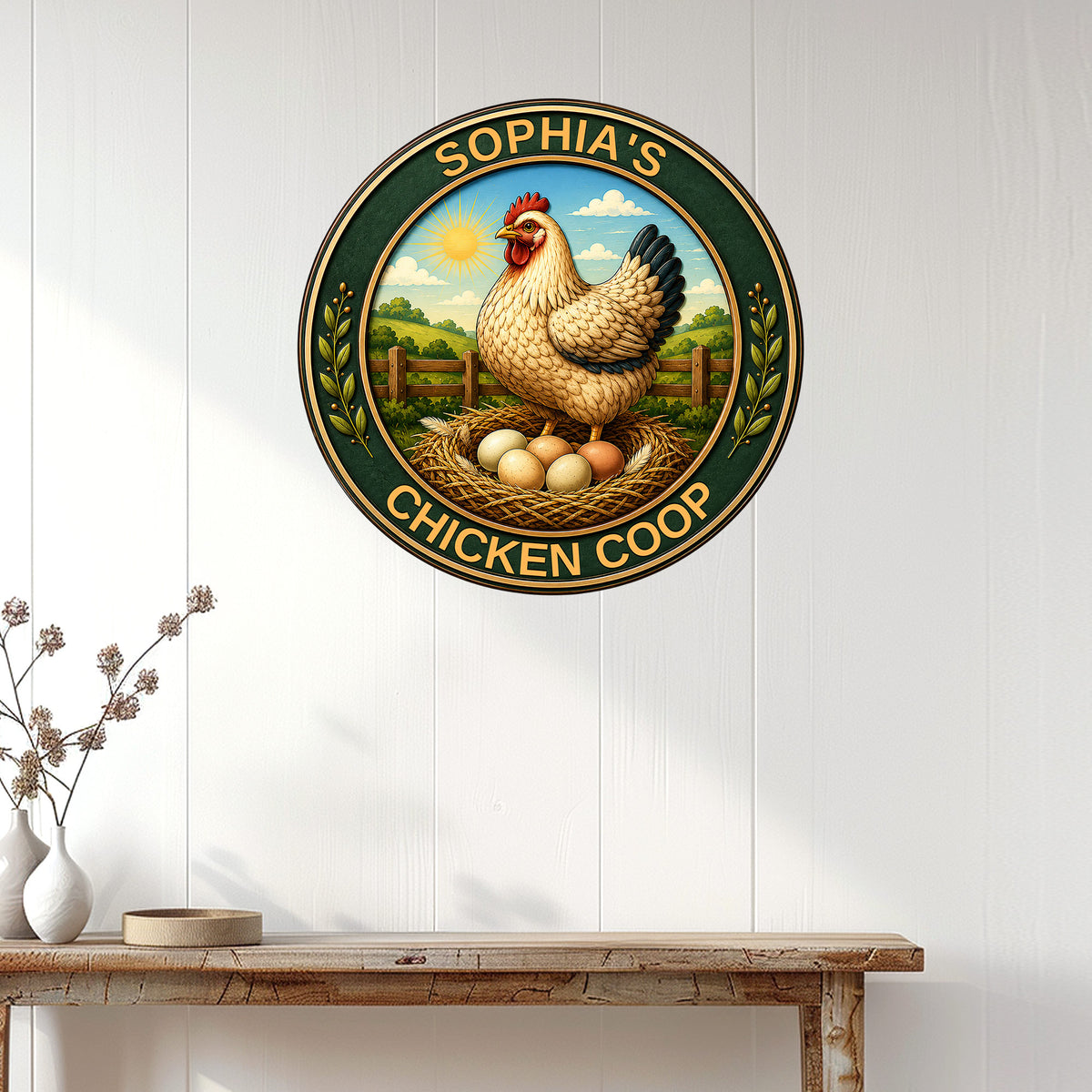 Round chicken coop sign displayed on a white paneled wall above a rustic console table