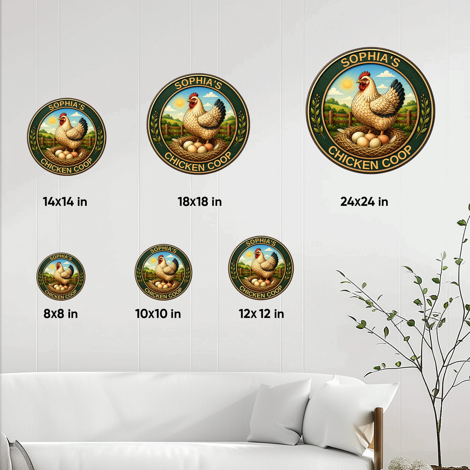 Chicken coop metal sign size guide showing six available round sign sizes from 8 to 24 inches