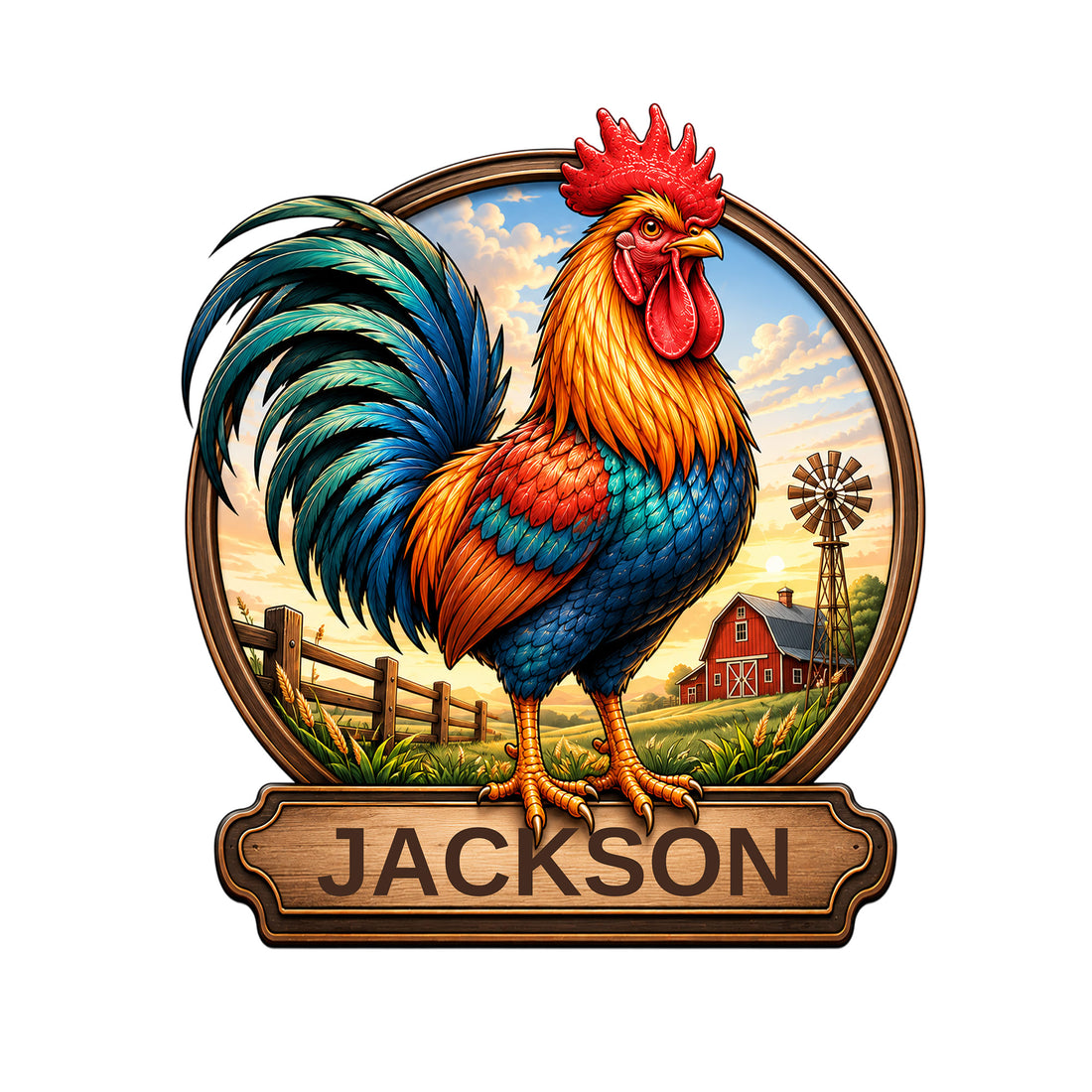 Colorful rooster metal sign with a farm landscape, barn, windmill, and decorative wood-style nameplate