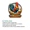 Rooster farm sign product graphic showing colorful poultry artwork and cut metal sign features