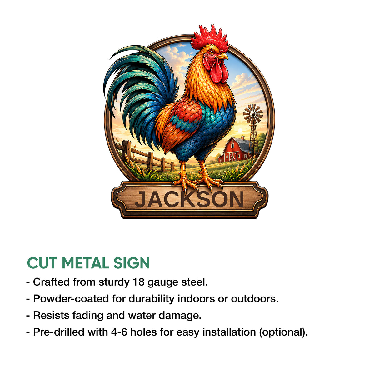 Rooster farm sign product graphic showing colorful poultry artwork and cut metal sign features