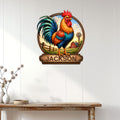 Colorful rooster metal wall sign displayed on white farmhouse paneling above a rustic console table