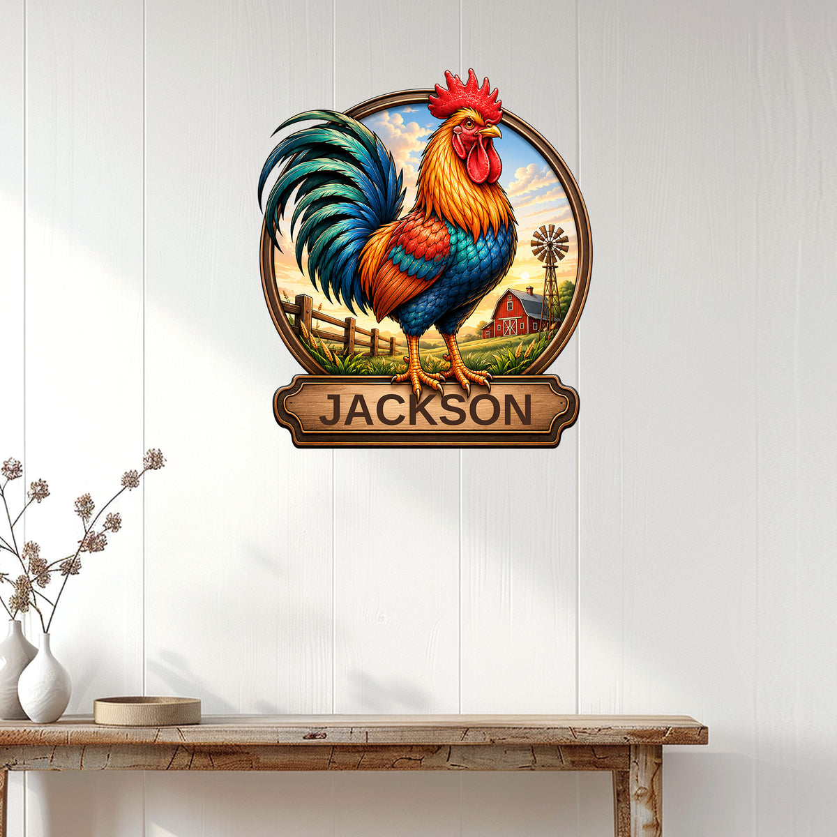 Colorful rooster metal wall sign displayed on white farmhouse paneling above a rustic console table