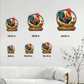 Rooster metal sign size guide shown in multiple wall display sizes from 8 by 8 to 24 by 24 inches