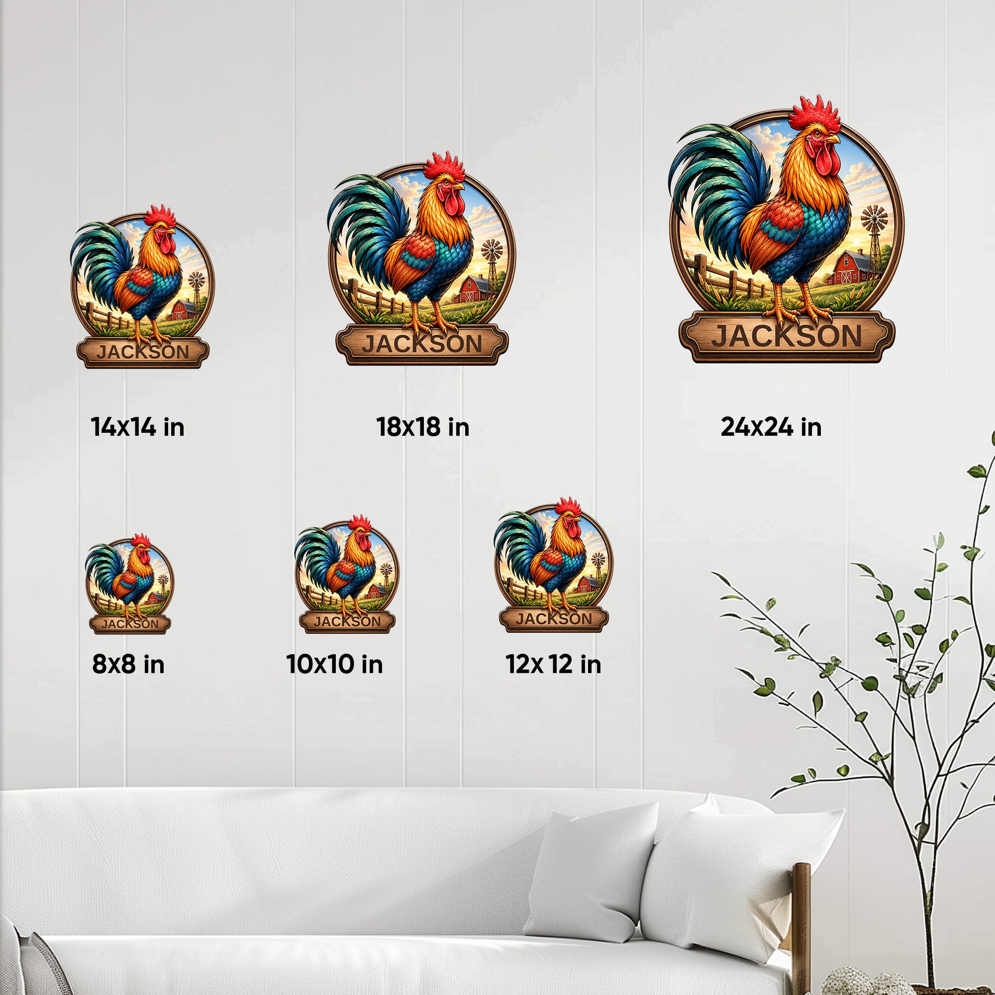 Rooster metal sign size guide shown in multiple wall display sizes from 8 by 8 to 24 by 24 inches