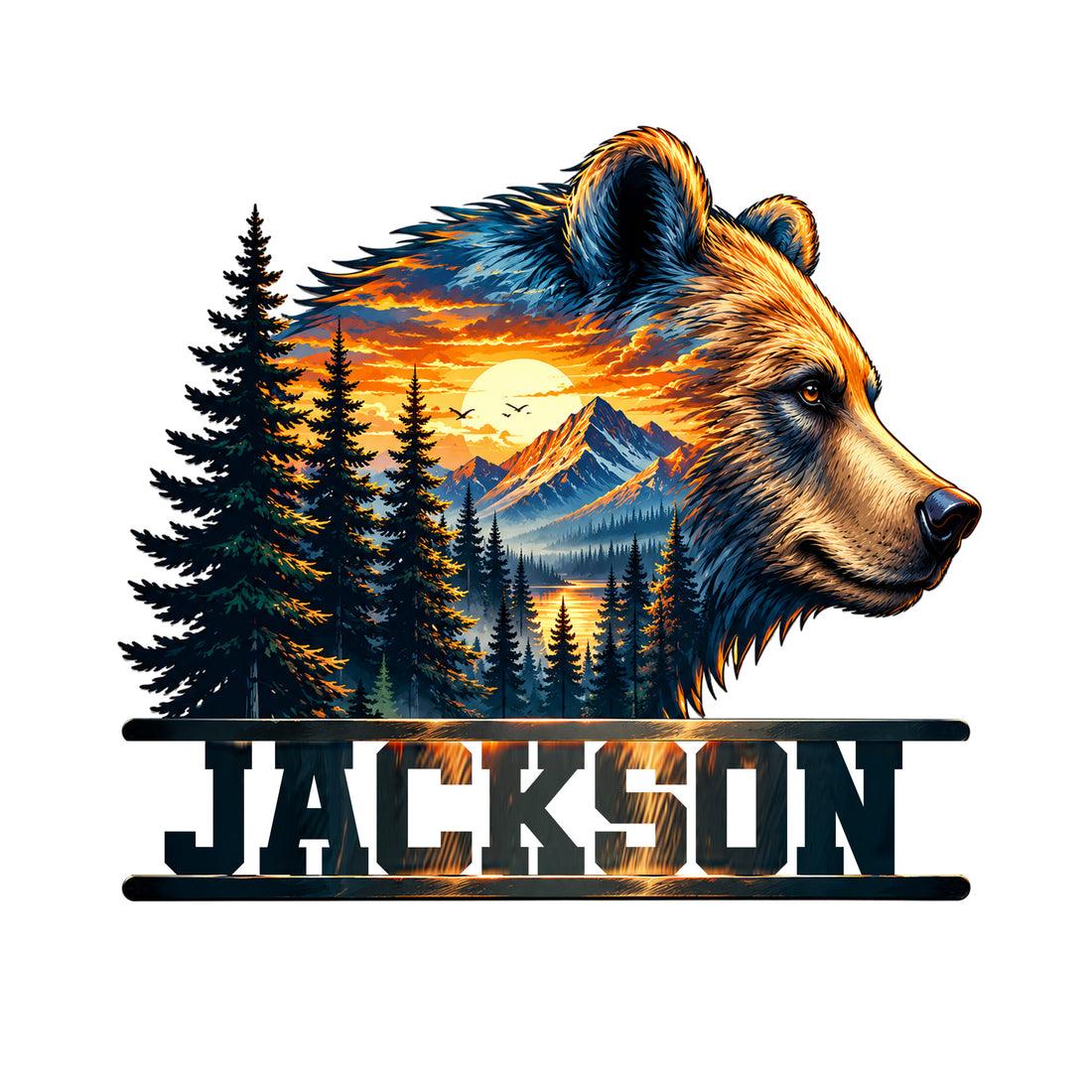 Custom bear metal sign featuring a detailed bear portrait over evergreen forest, mountains, lake, and sunset scenery