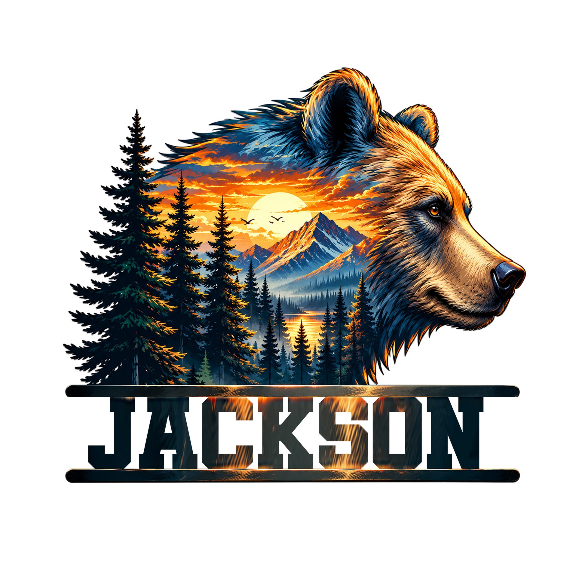 Custom bear metal sign featuring a detailed bear portrait over evergreen forest, mountains, lake, and sunset scenery