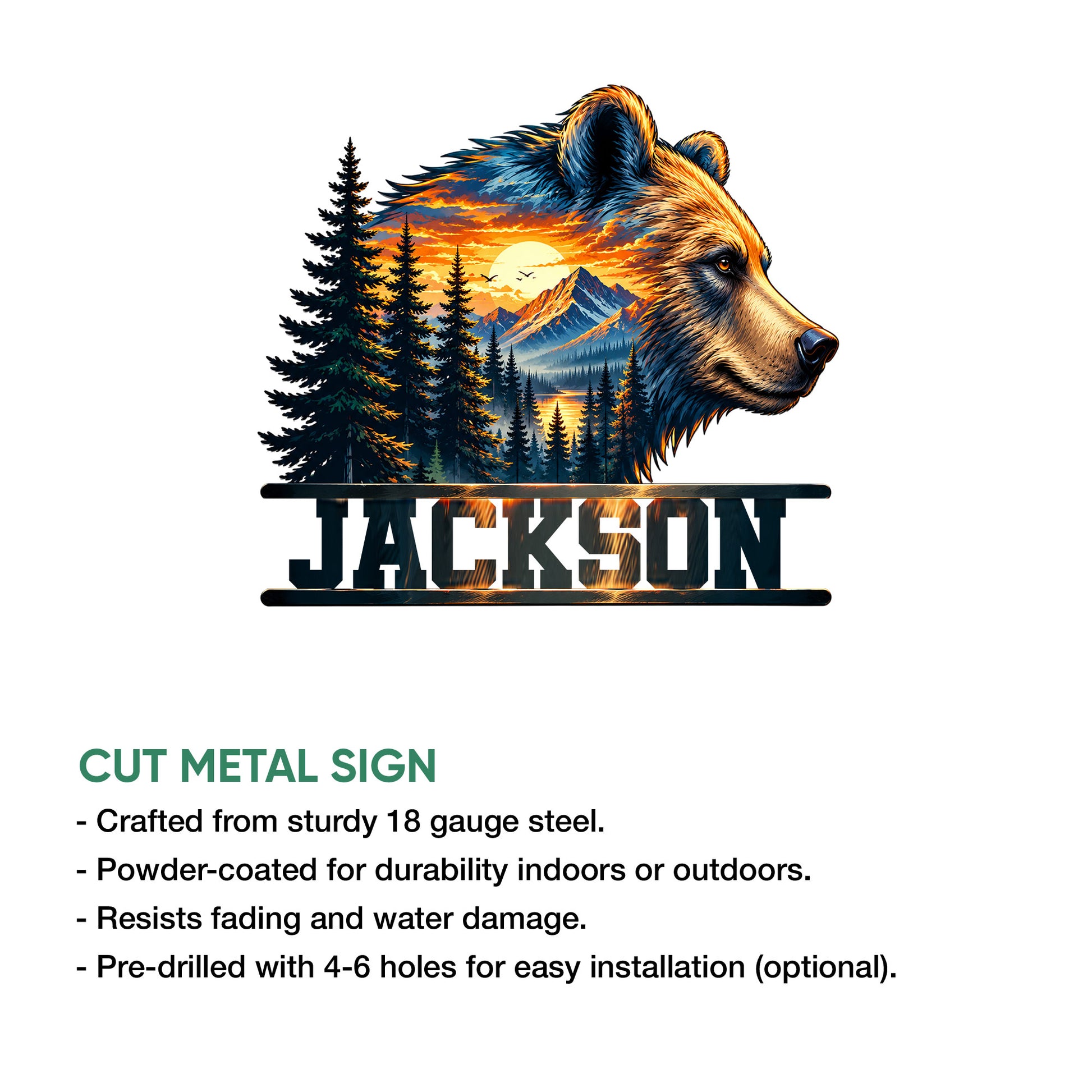 Bear metal sign feature graphic showing the wildlife artwork with cut metal sign details and display options