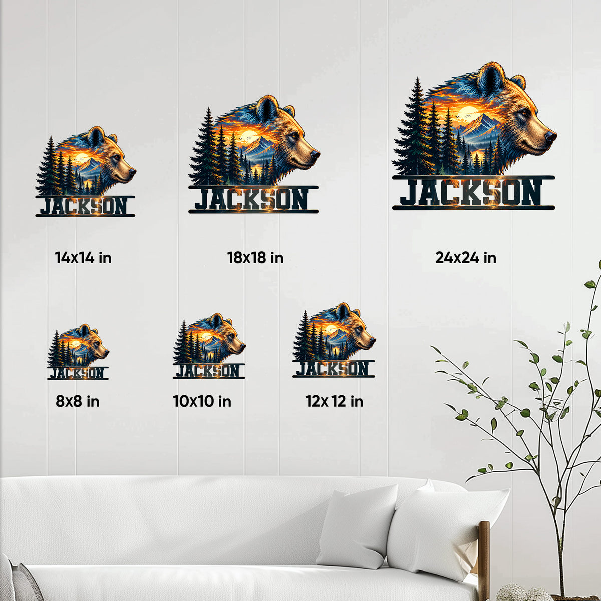Bear metal sign size guide showing six available dimensions in a staged living room setting