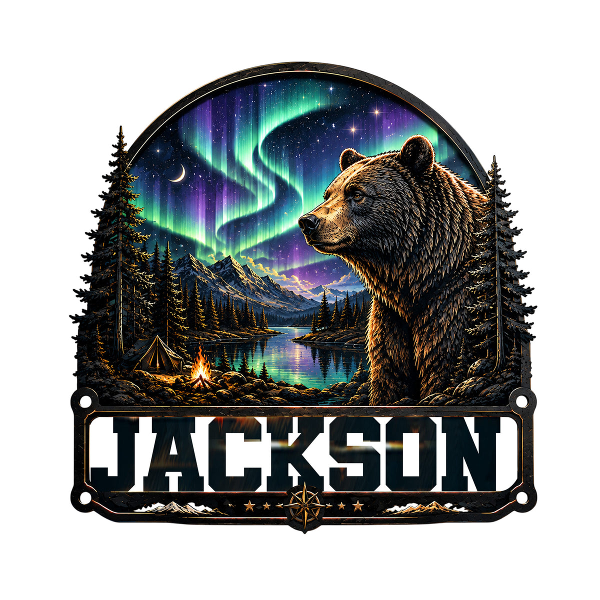 Custom bear metal sign featuring a wilderness lake, mountain forest, campfire, and colorful northern lights
