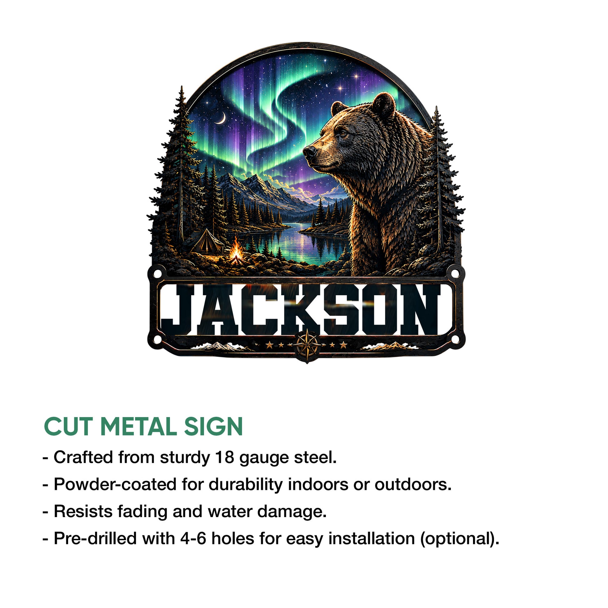Bear metal sign shown with a dramatic aurora landscape, forest, lake, mountains, and campfire artwork