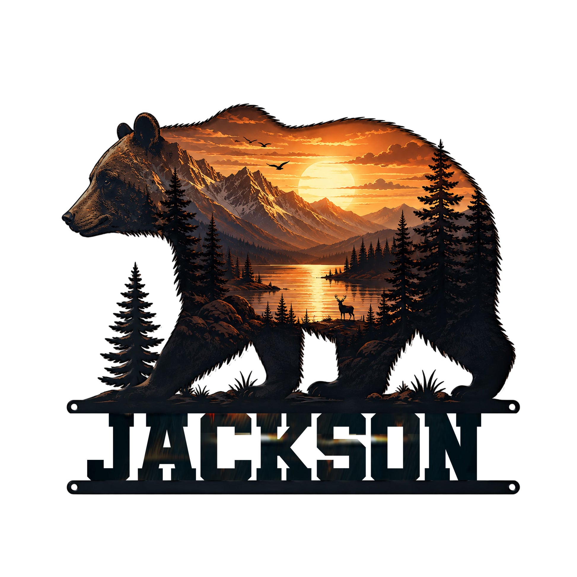 Bear-shaped metal sign featuring a mountain lake sunset, evergreen forest, and wildlife silhouette