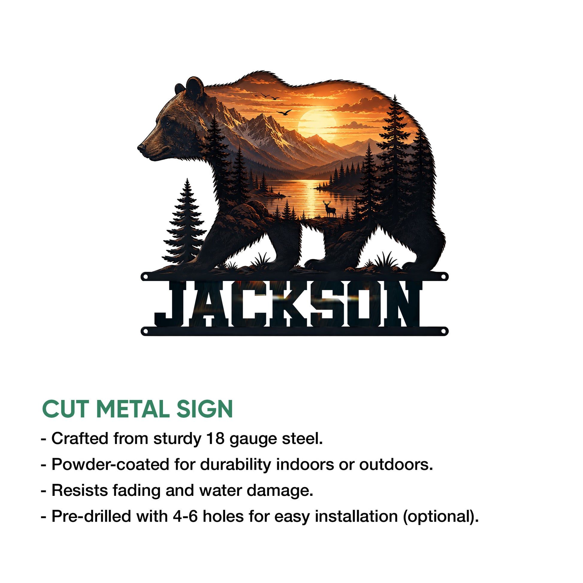 Bear metal sign with a mountain sunset scene, forest details, and cutout wall-mount design