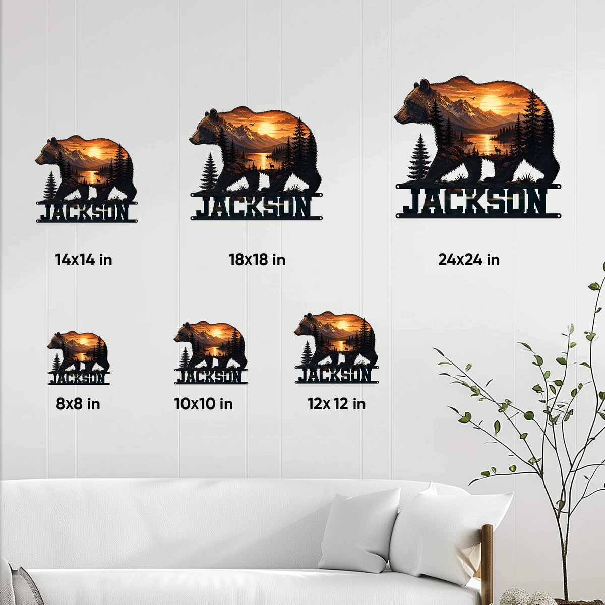 Bear metal sign size guide showing six available square size options in a home setting