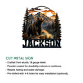 Bear metal sign shown with a mountain wilderness design and illustrated cut-metal sign features