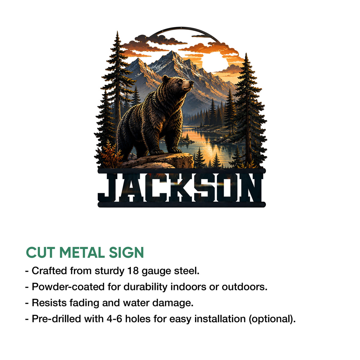 Bear metal sign shown with a mountain wilderness design and illustrated cut-metal sign features