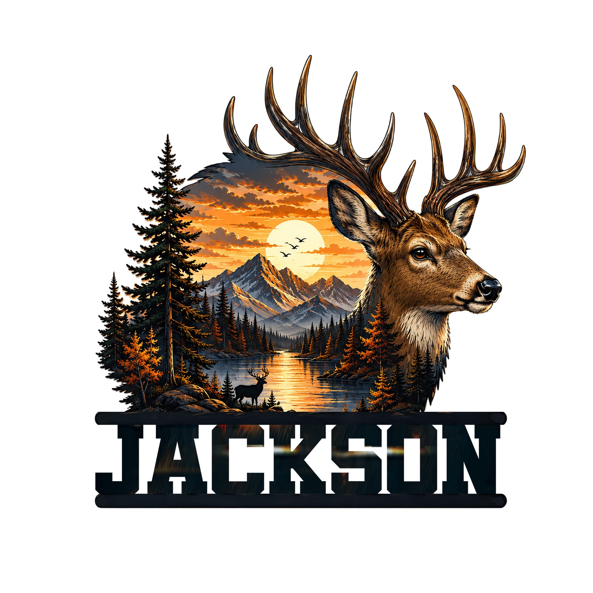 Deer metal sign featuring a majestic buck, mountain lake, pine forest, and glowing sunset scene