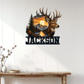 Deer metal wall decor displayed on a white paneled wall above a rustic wood console