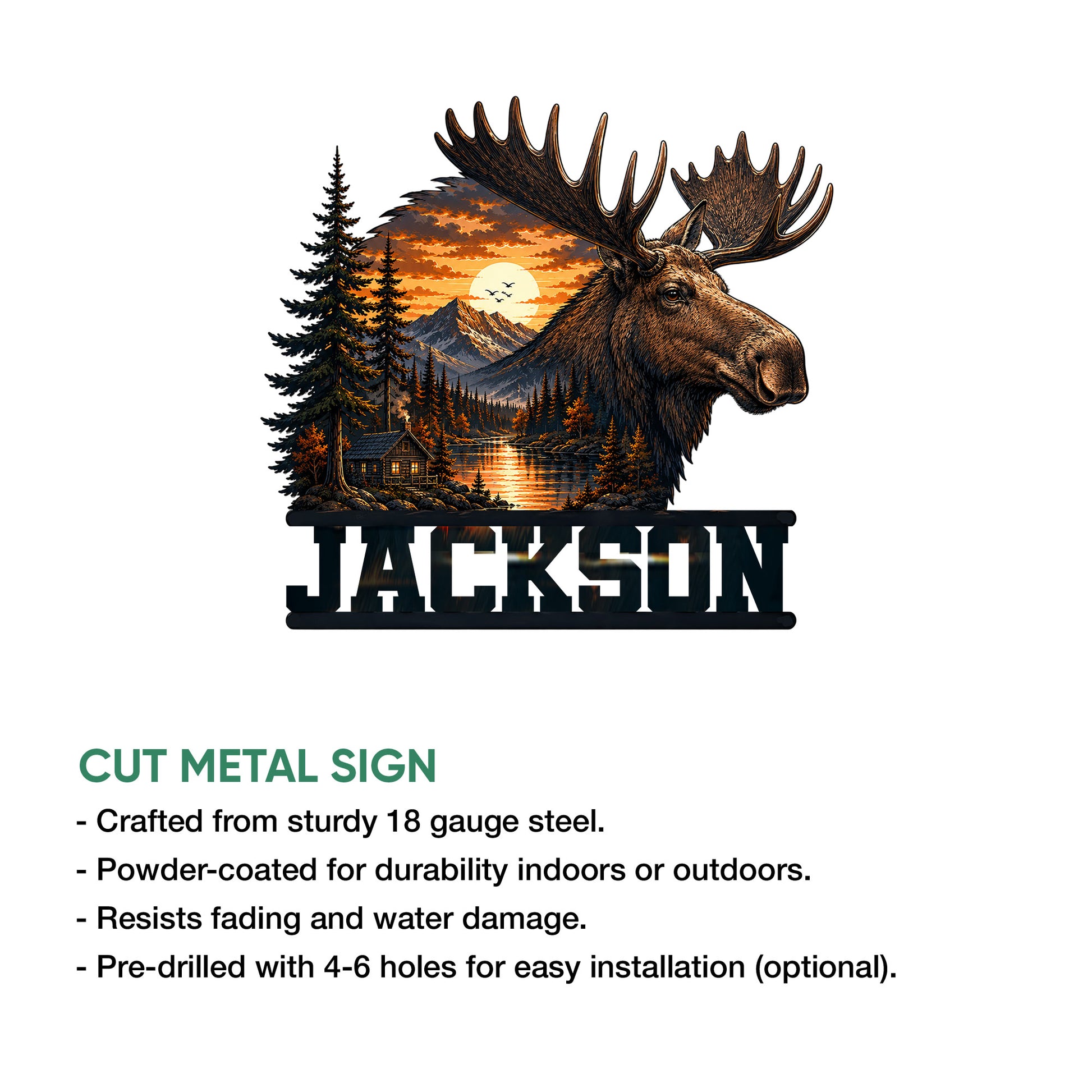Moose cut metal sign shown with a detailed mountain cabin landscape and product feature information