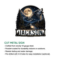Wolf metal sign product feature graphic showing the moonlit wilderness artwork and cut-metal sign presentation