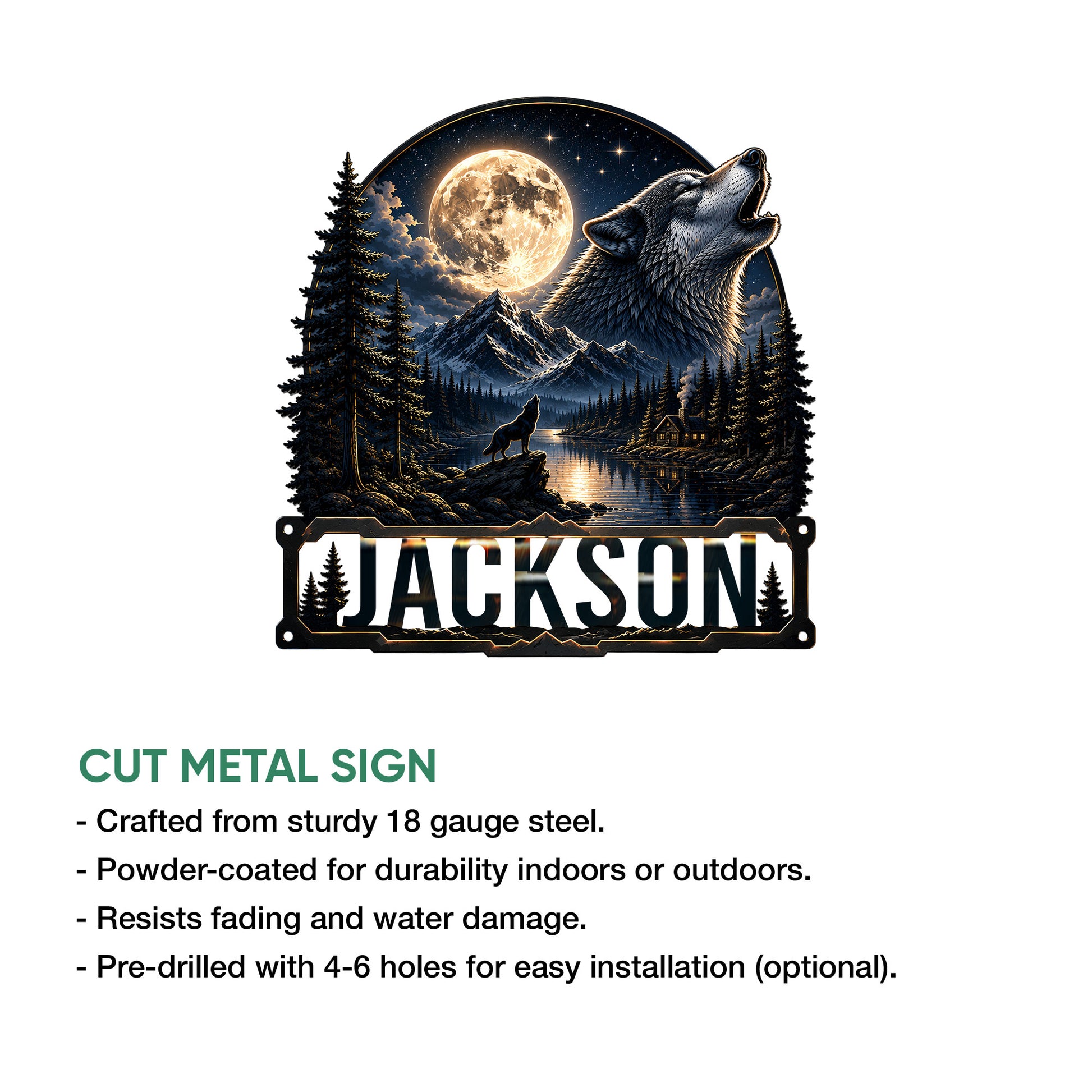 Wolf metal sign product feature graphic showing the moonlit wilderness artwork and cut-metal sign presentation