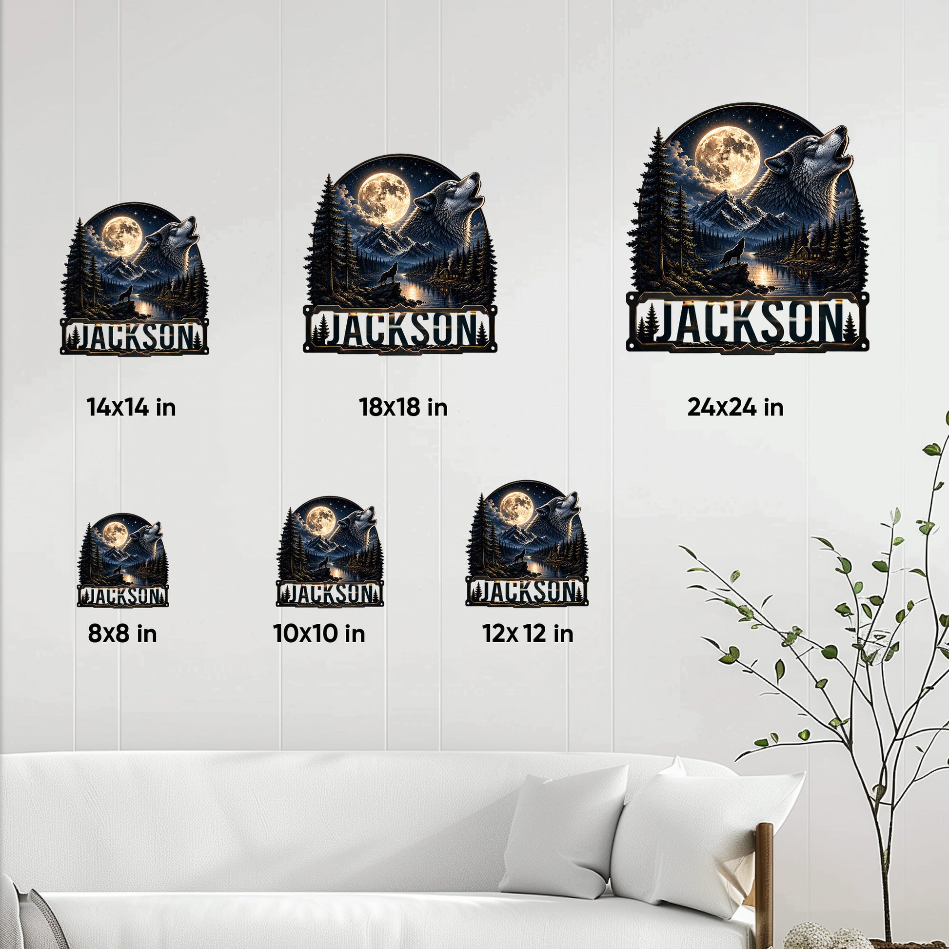 Wolf metal sign size guide showing available square sizes from 8 by 8 to 24 by 24 inches