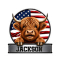 Highland cow metal sign with sweeping horns, shaggy brown fur, and an American flag backdrop