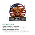 Highland cow cut metal sign feature graphic showing steel construction and indoor or outdoor display details
