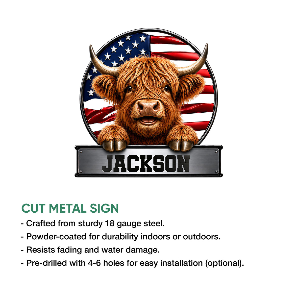Highland cow cut metal sign feature graphic showing steel construction and indoor or outdoor display details