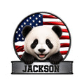 Panda metal sign featuring a smiling bear in front of a patriotic American flag design